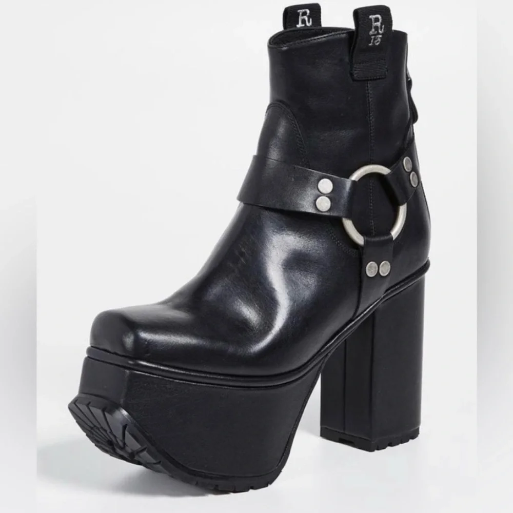 R13 Black Heeled Boots with Platform and Silver Hardware - Picture 6 of 6